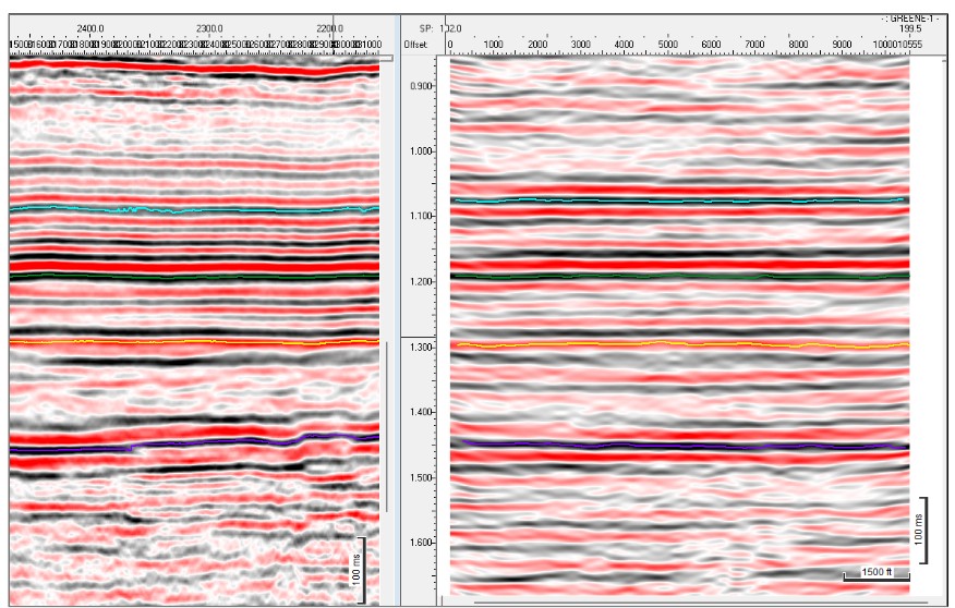 Side-by-side comparison of legacy seismic and FantaSeis seismic sections